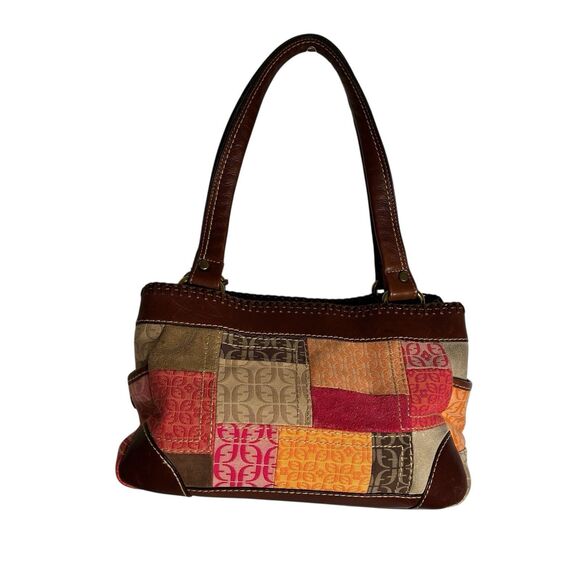 Fossil Patchwork Multicolored Purse With Zipper, Side Pockets. Brown Trim/straps - Picture 2 of 12